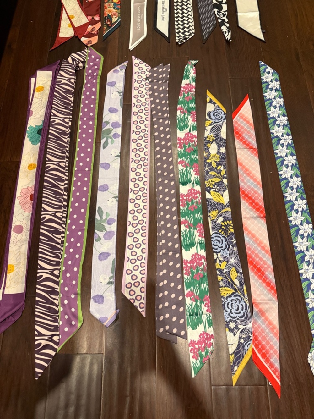 Assorted Floral & Patterned Skinny Scarf Twilly Set - Purple, Pink, Green, Navy